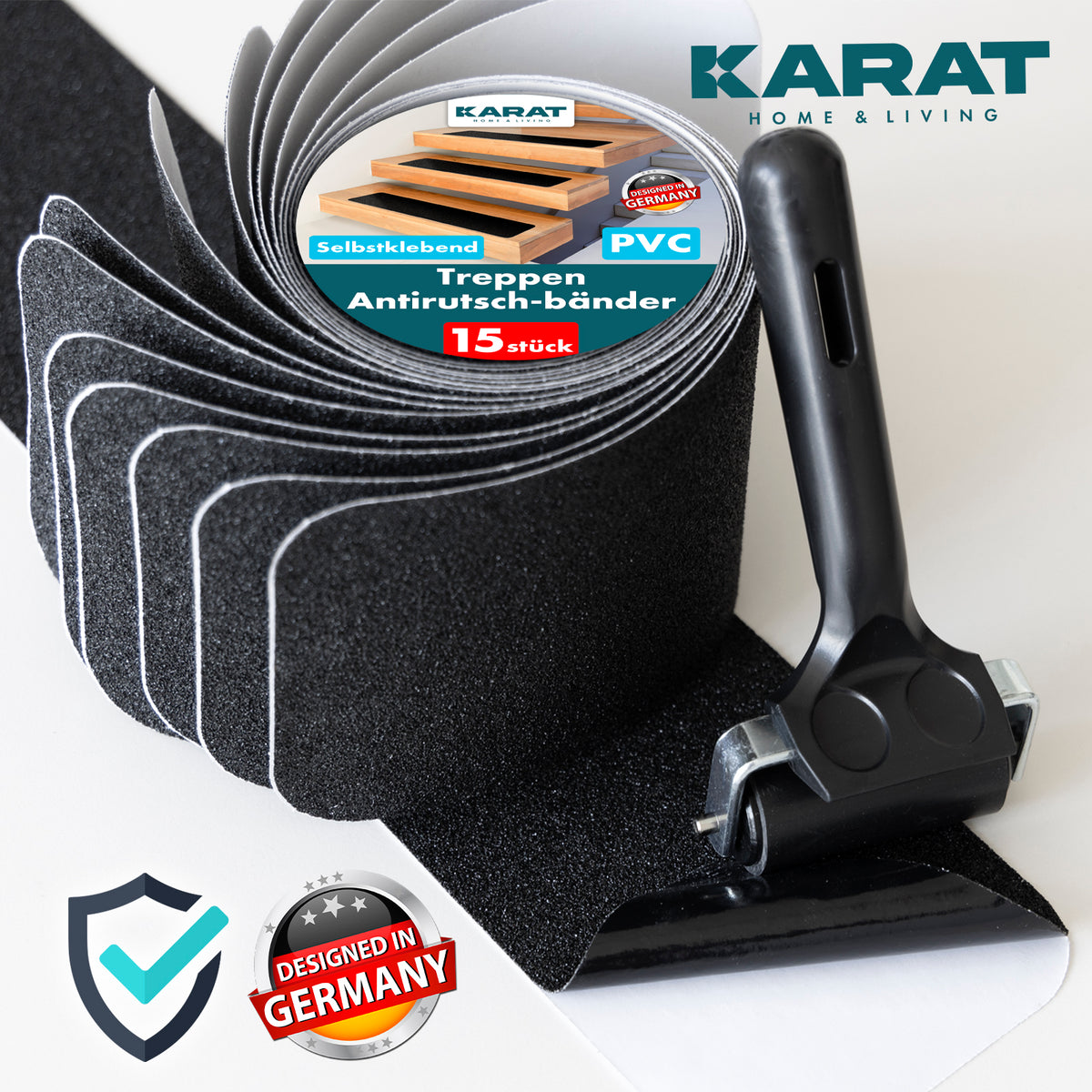 Anti-slip strips for stairs | Nicu | Rough surface | Self-adhesive | Set of 15 including mounting roller | Black | 10 x 61 cm