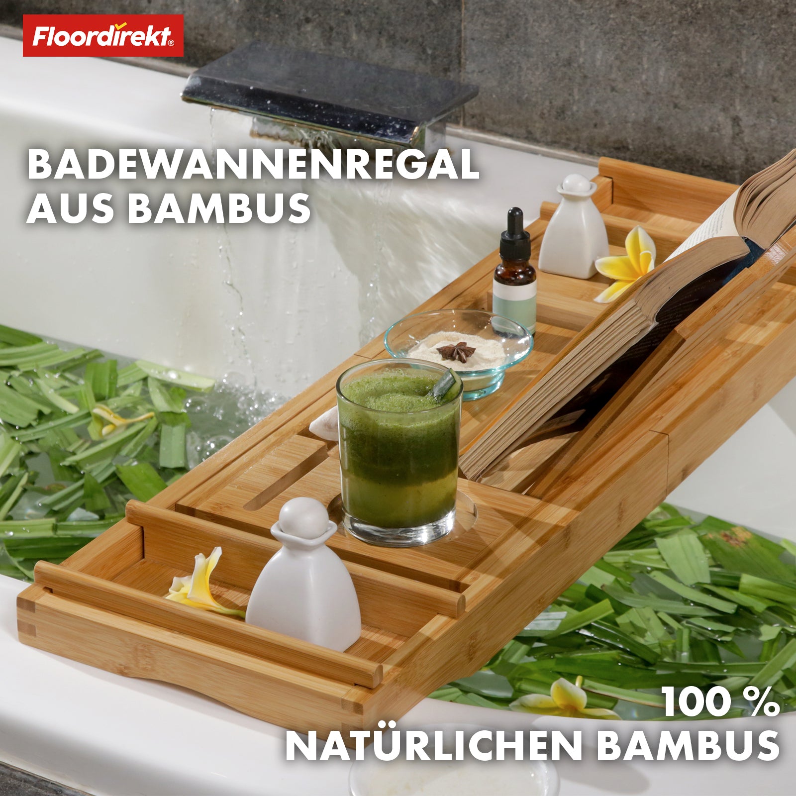 Bamboo bath shelf | Oklahoma | Pull-out bath tray with book shelf