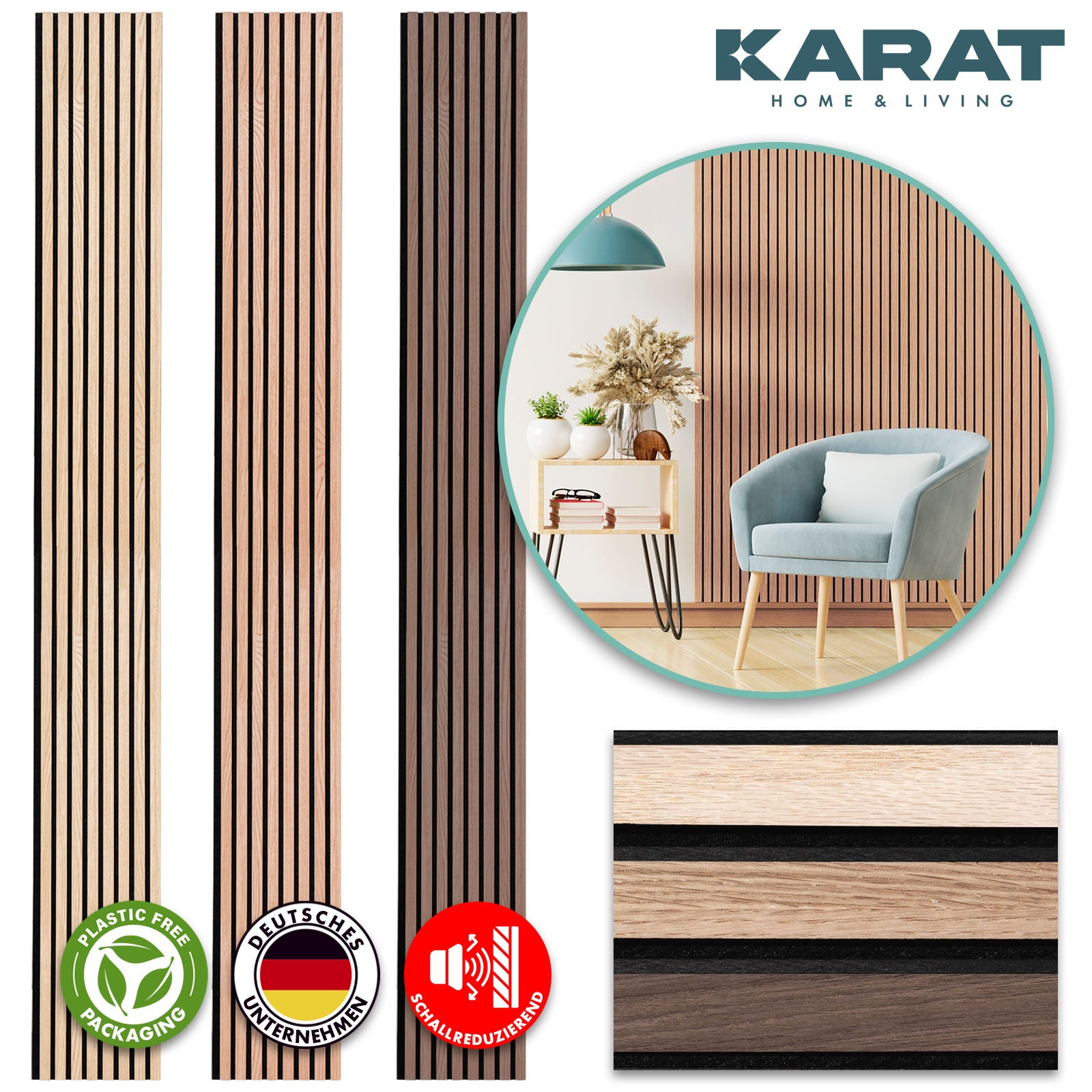 Wood-look acoustic panels | Timeless design for pleasant room acoustics | Available in 3 designs and 2 sizes