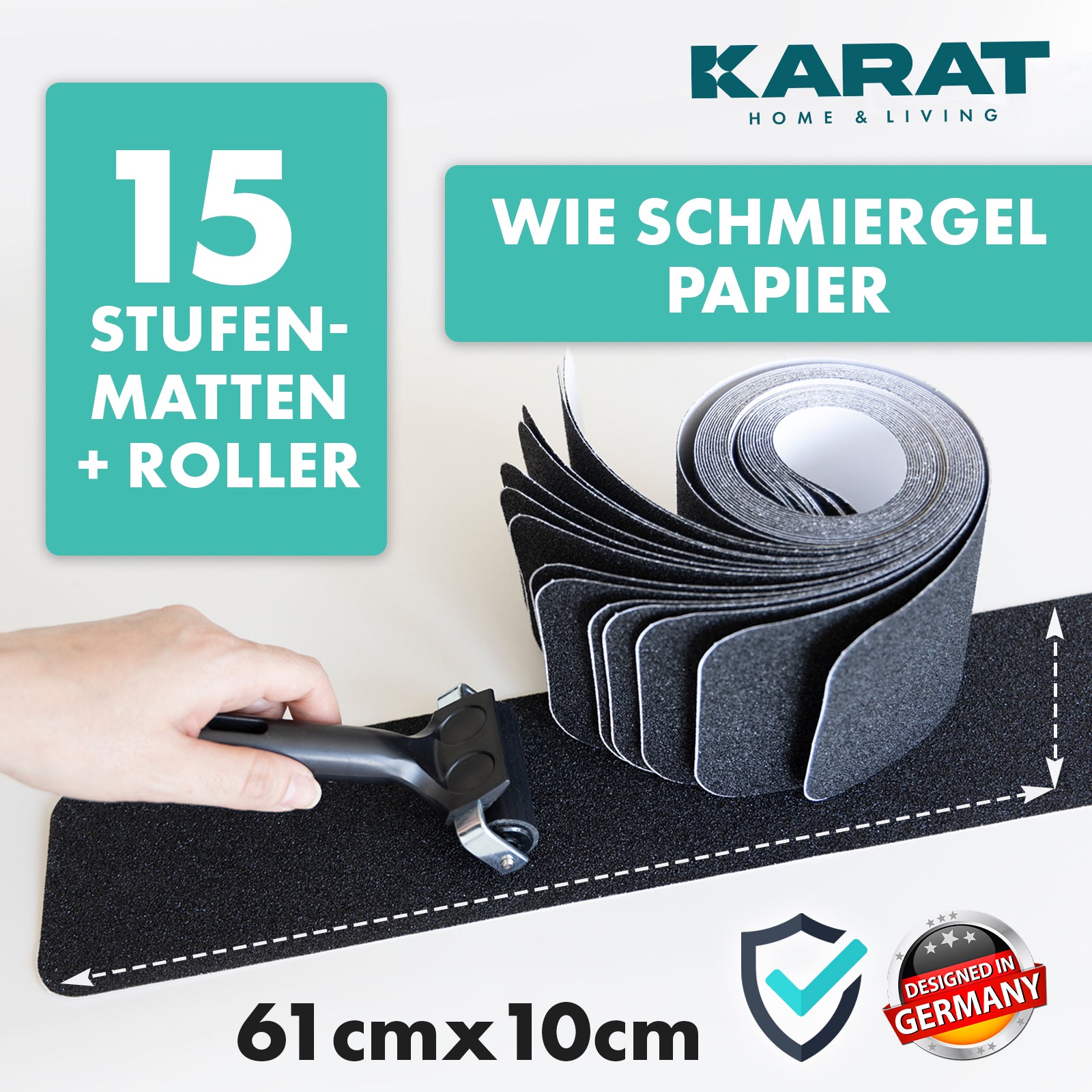 Anti-slip strips for stairs | Nicu | Rough surface | Self-adhesive | Set of 15 including mounting roller | Black | 10 x 61 cm