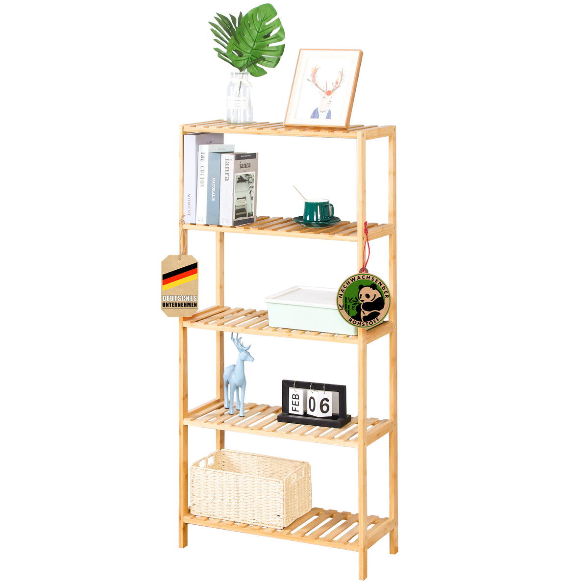 Bamboo standing shelf | Ohio | Space-saving wooden shelf with 5 shelves | Ideal for bathroom, bedroom and living room