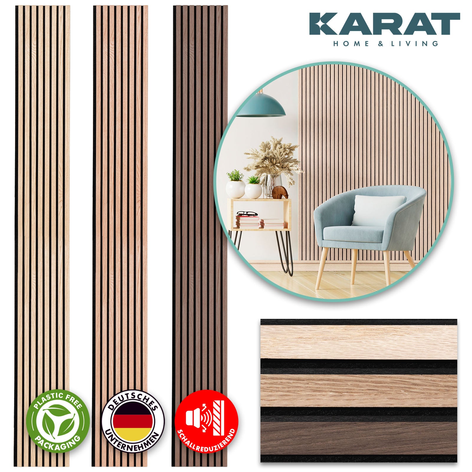 Wood-look acoustic panels | Timeless design for pleasant room acoustics | Available in 3 designs and 2 sizes