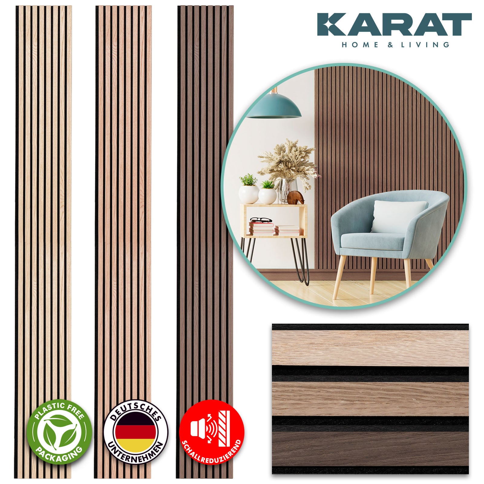 Wood-look acoustic panels | Timeless design for pleasant room acoustics | Available in 3 designs and 2 sizes