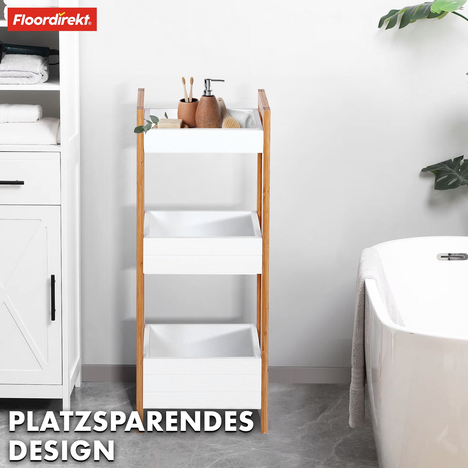 Bamboo bathroom shelf | Texas | 3-tier shelf with white design and bamboo legs