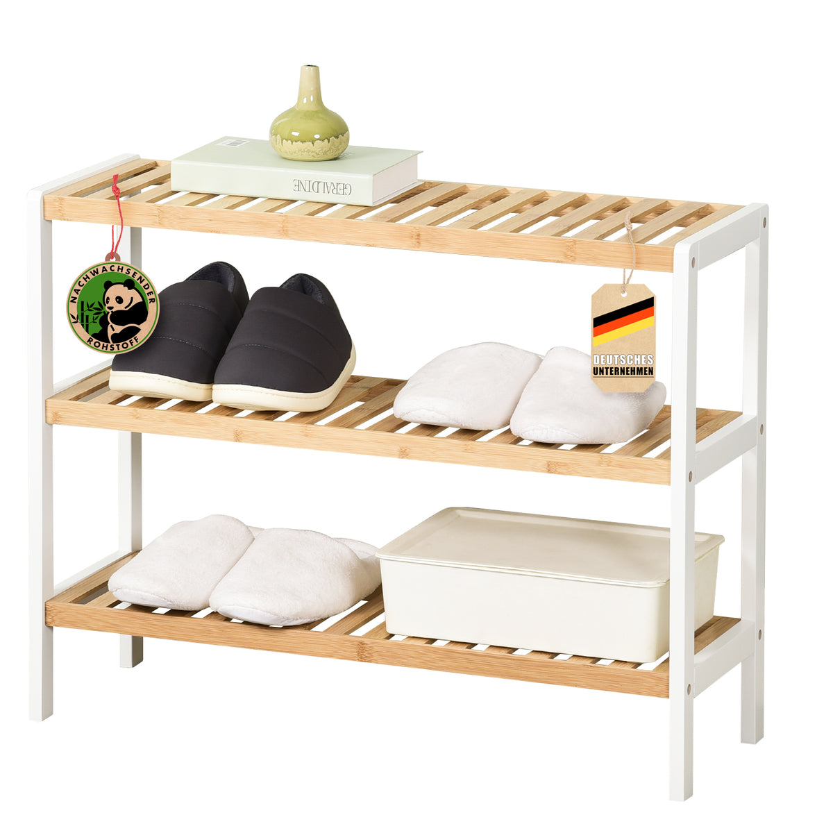 Bamboo shoe rack | Michigan | Stylish, space-saving rack with 3 shelves