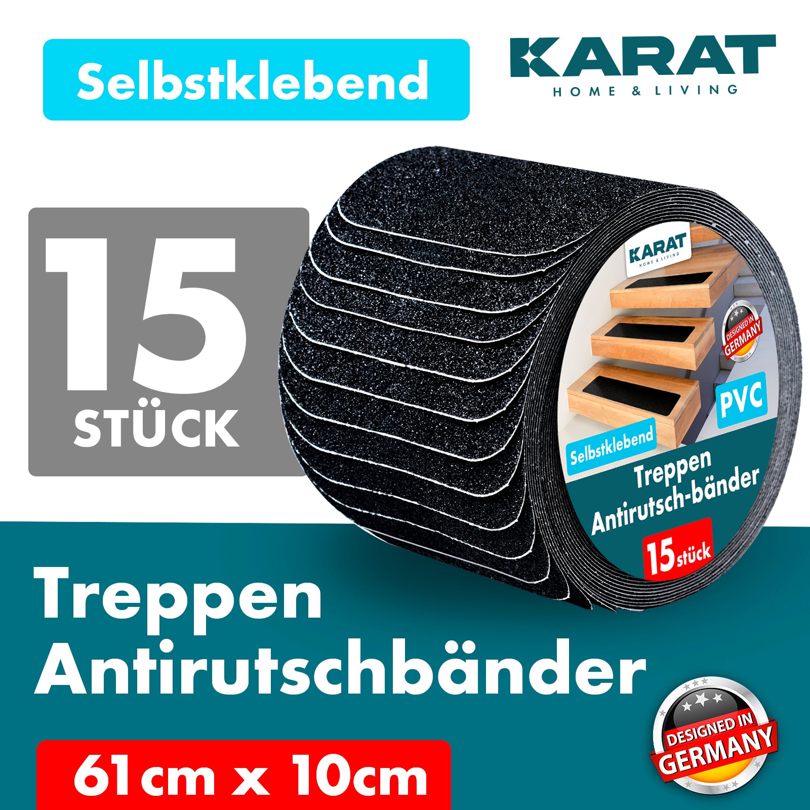 Anti-slip strips for stairs | Nicu | Rough surface | Self-adhesive | Set of 15 including mounting roller | Black | 10 x 61 cm