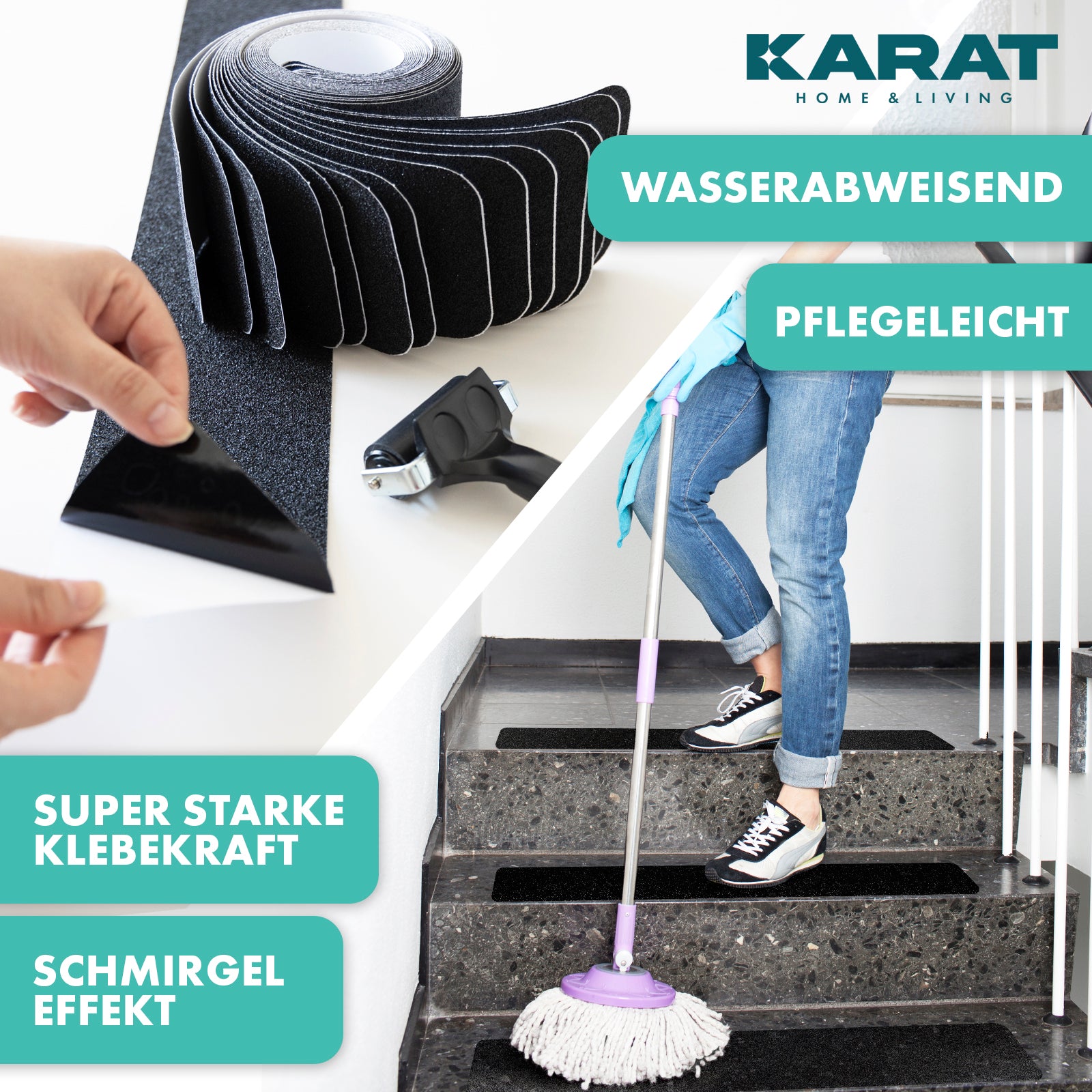 Anti-slip strips for stairs | Nicu | Rough surface | Self-adhesive | Set of 15 including mounting roller | Black | 10 x 61 cm