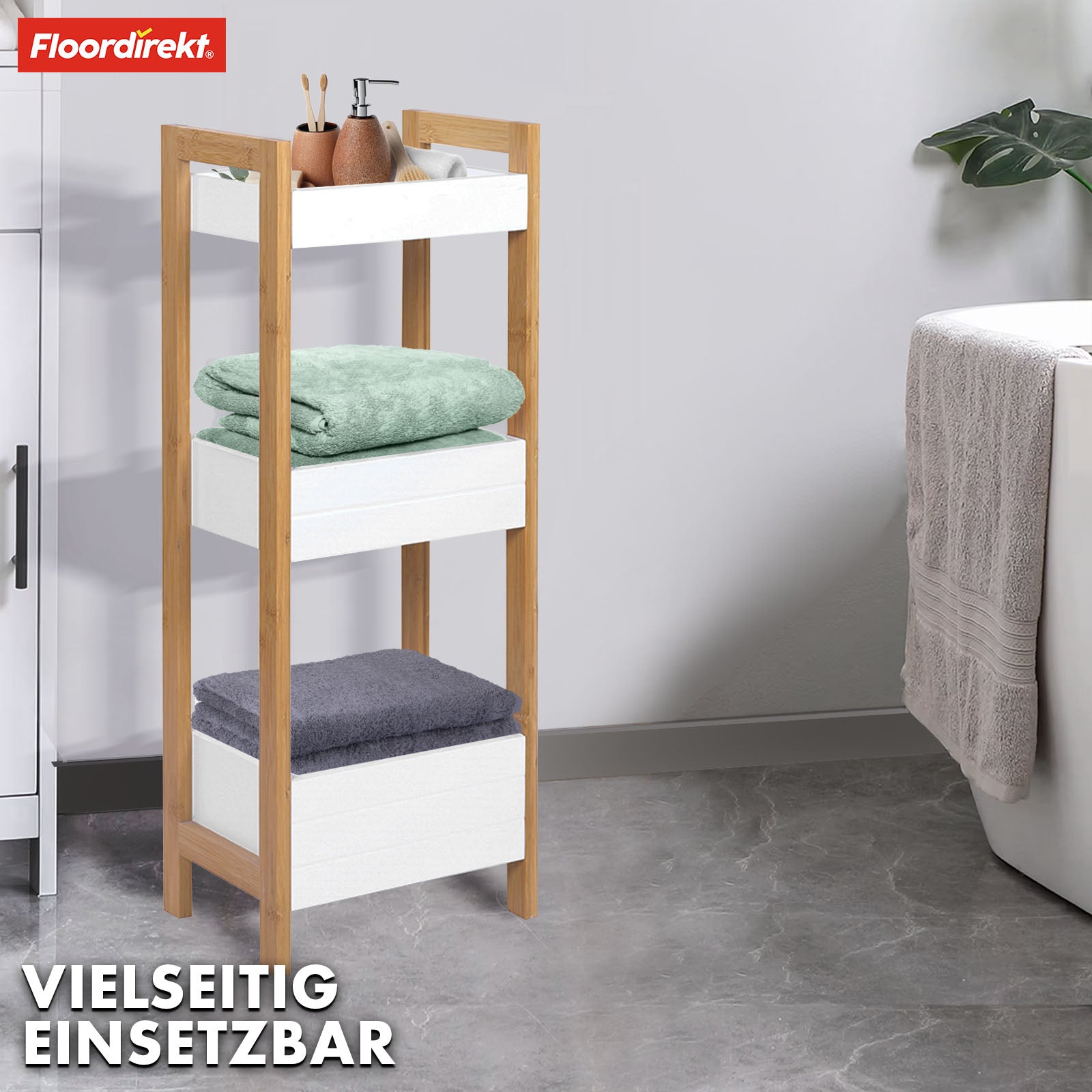 Bamboo bathroom shelf | Texas | 3-tier shelf with white design and bamboo legs