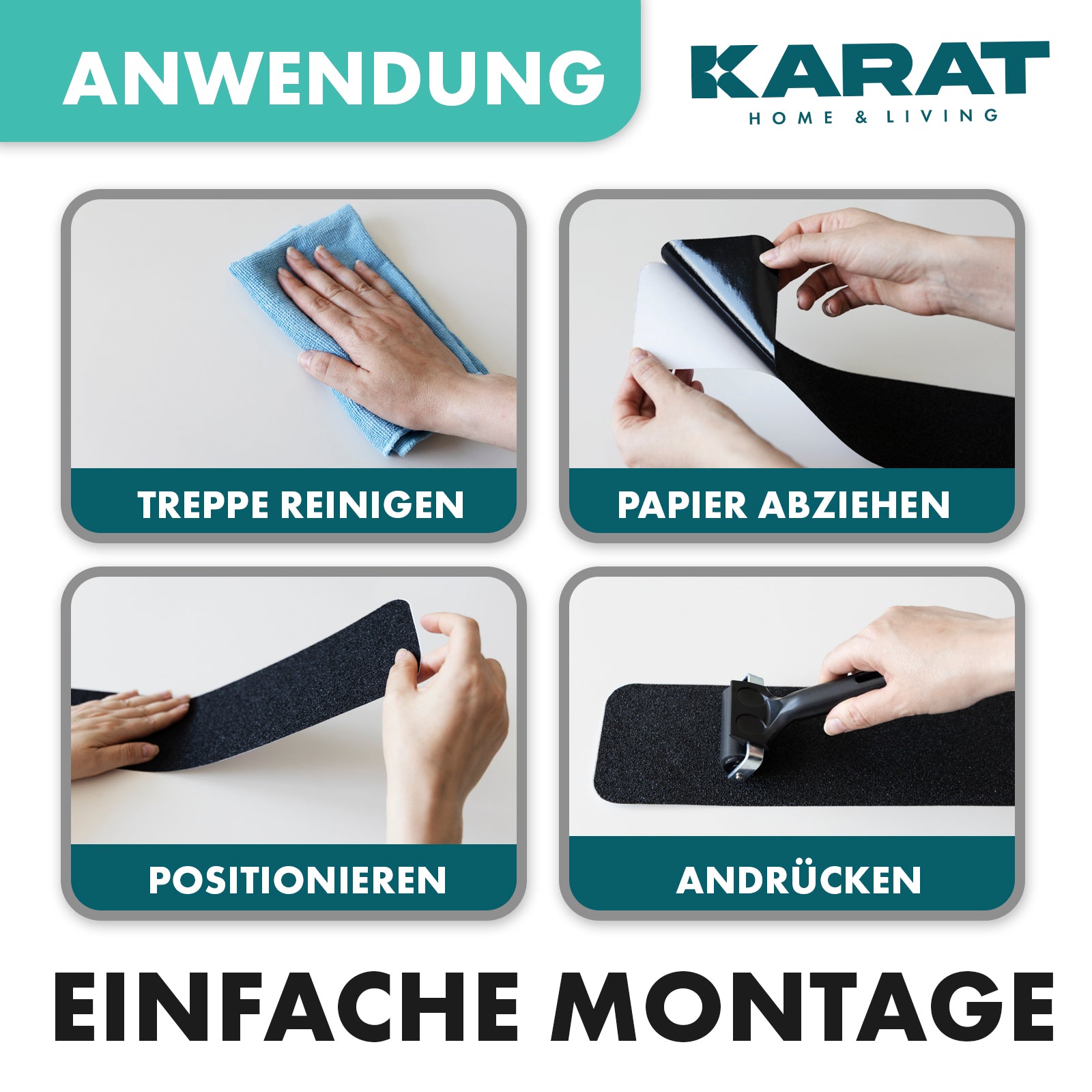 Anti-slip strips for stairs | Nicu | Rough surface | Self-adhesive | Set of 15 including mounting roller | Black | 10 x 61 cm