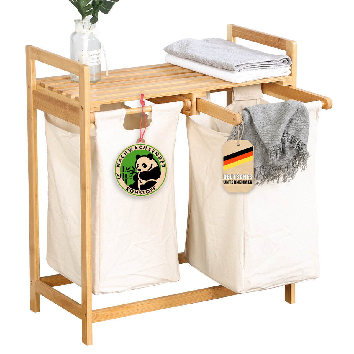 Bamboo laundry basket | Dakota | Stylish laundry sorter with 2 laundry bags