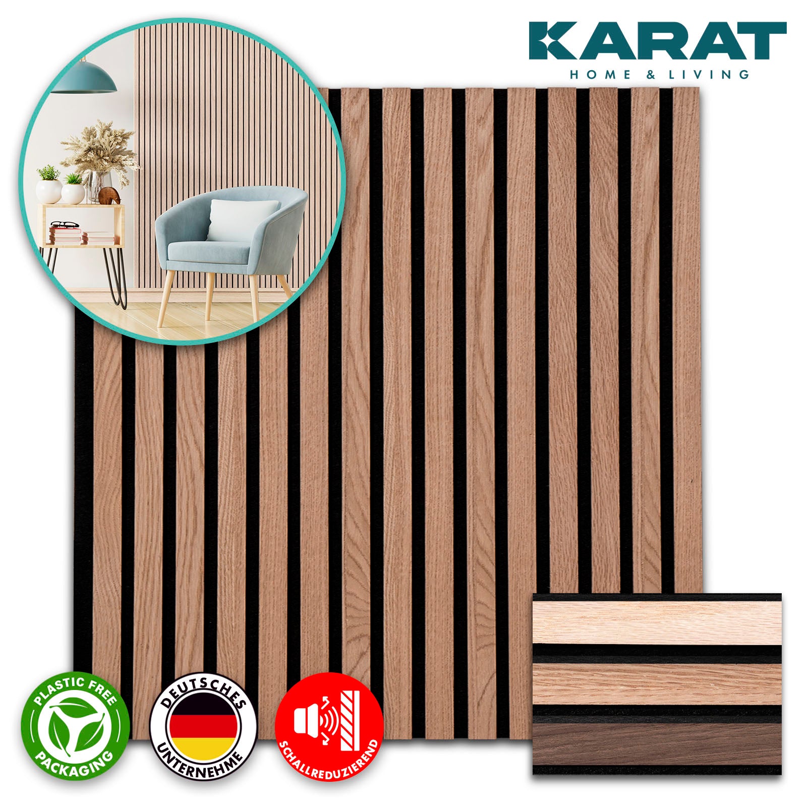 Wood-look acoustic panels | Timeless design for pleasant room acoustics | Available in 3 designs and 2 sizes