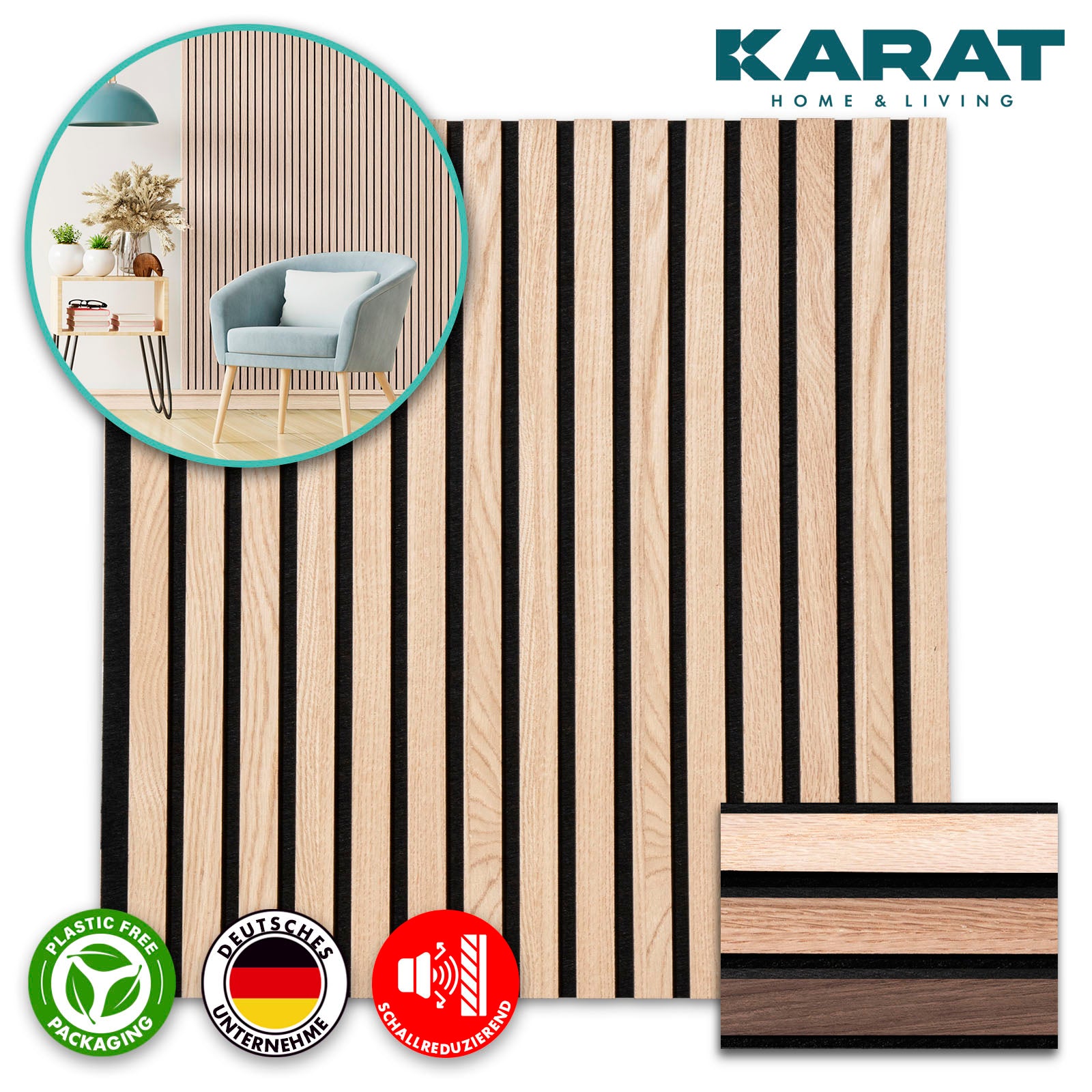 Wood-look acoustic panels | Timeless design for pleasant room acoustics | Available in 3 designs and 2 sizes