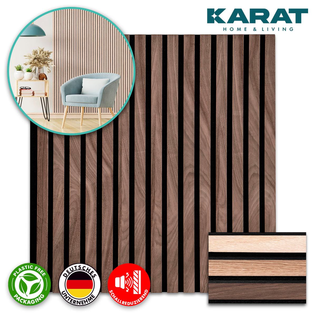 Wood-look acoustic panels | Timeless design for pleasant room acoustics | Available in 3 designs and 2 sizes