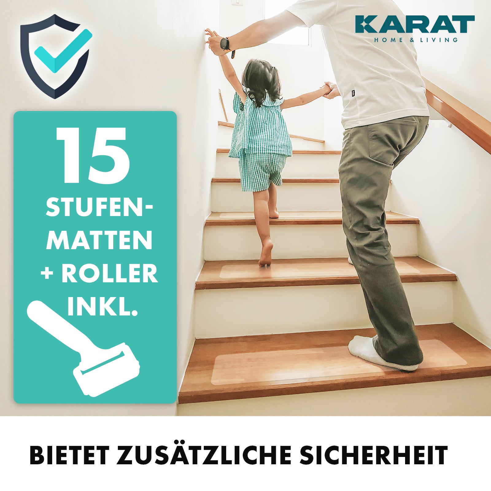 Anti-slip strips for stairs | Henri | Textured surface | Self-adhesive | Set of 15 including mounting roller | Transparent | 10 x 60 cm