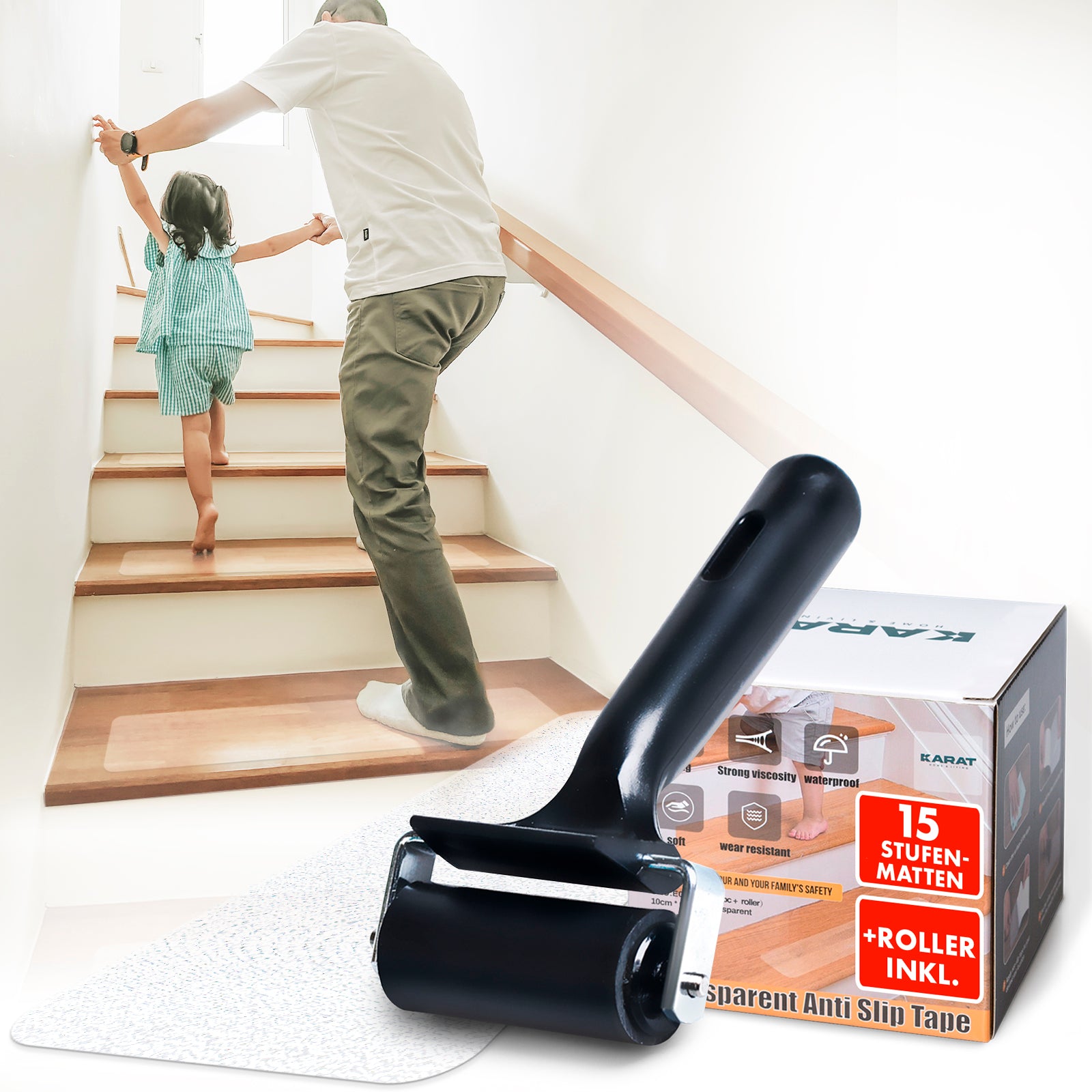 Anti-slip strips for stairs | Henri | Textured surface | Self-adhesive | Set of 15 including mounting roller | Transparent | 10 x 60 cm