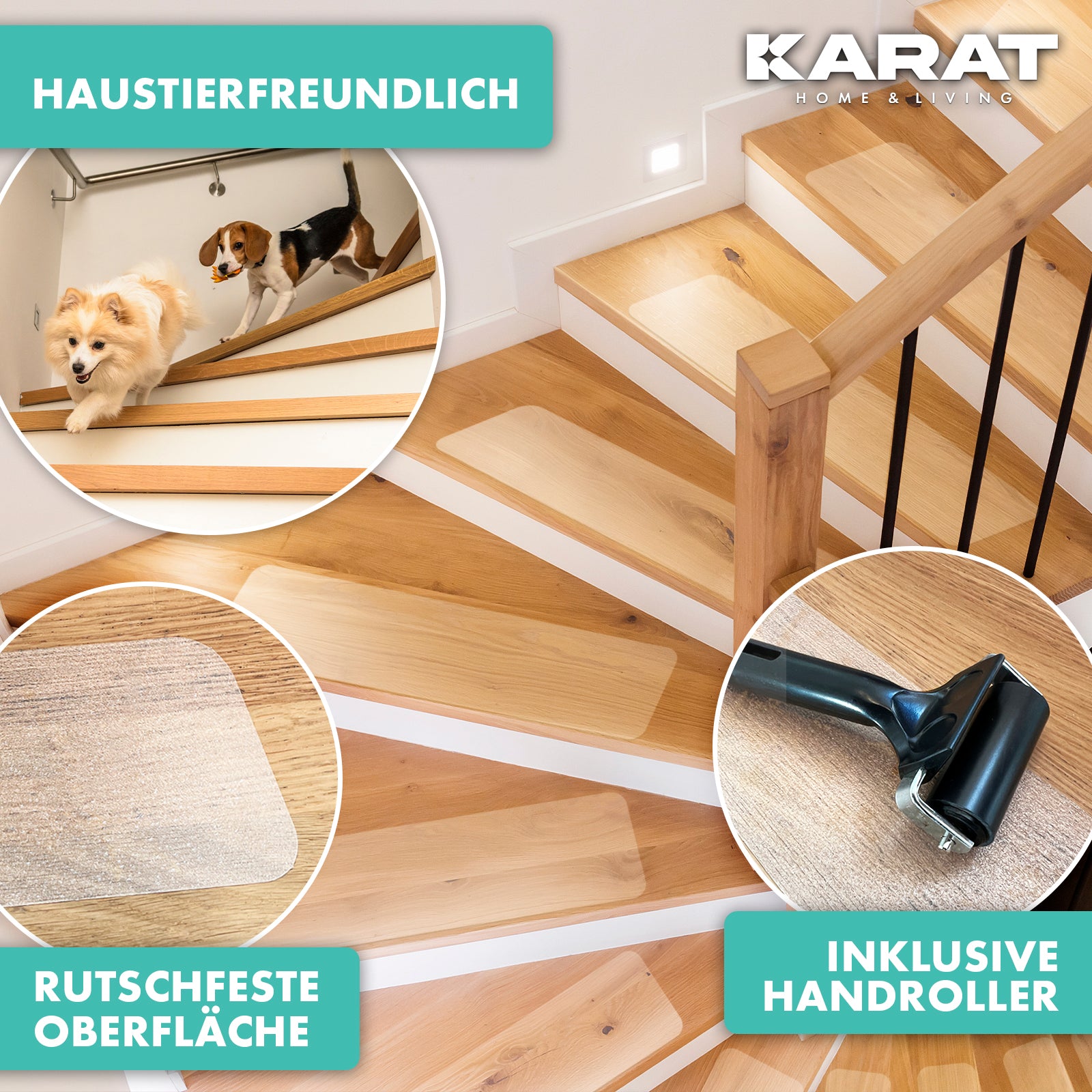 Anti-slip strips for stairs | Henri | Textured surface | Self-adhesive | Set of 15 including mounting roller | Transparent | 10 x 60 cm