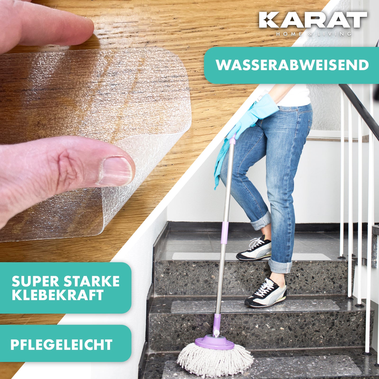 Anti-slip strips for stairs | Henri | Textured surface | Self-adhesive | Set of 15 including mounting roller | Transparent | 10 x 60 cm
