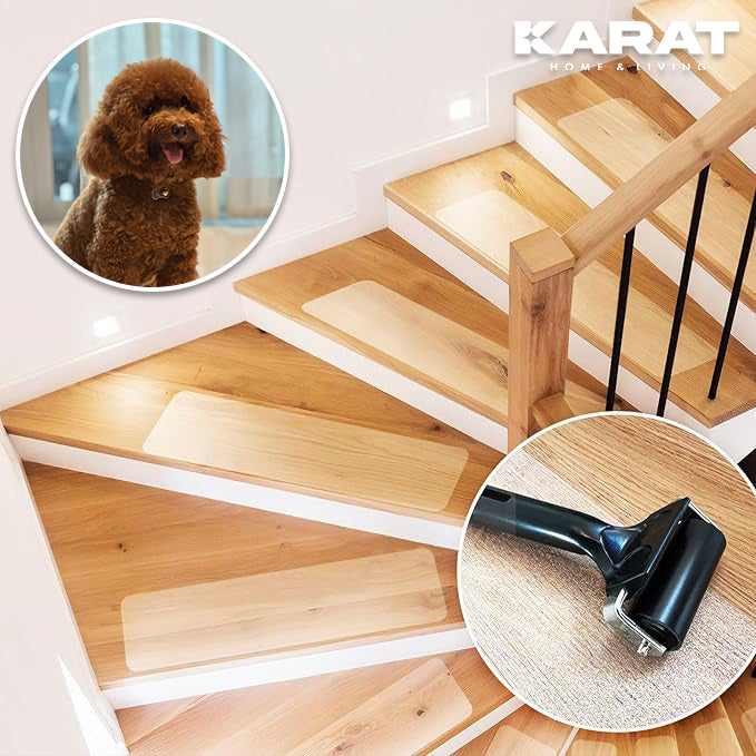 Anti-slip strips for stairs | Henri | Textured surface | Self-adhesive | Set of 15 including mounting roller | Transparent | 10 x 60 cm