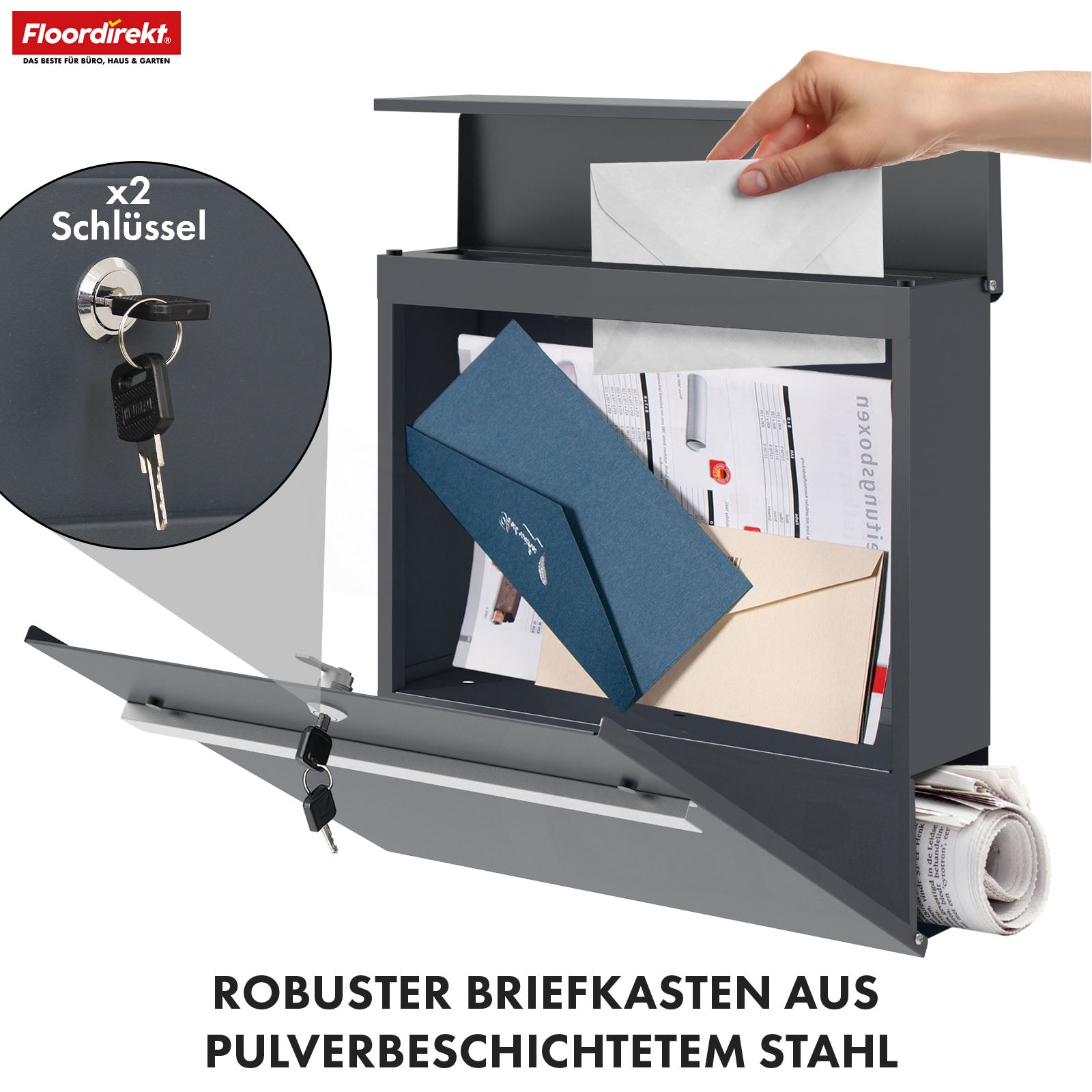 Letterbox | Gaston | Modern wall-mounted letterbox with newspaper compartment & stainless steel nameplate in anthracite