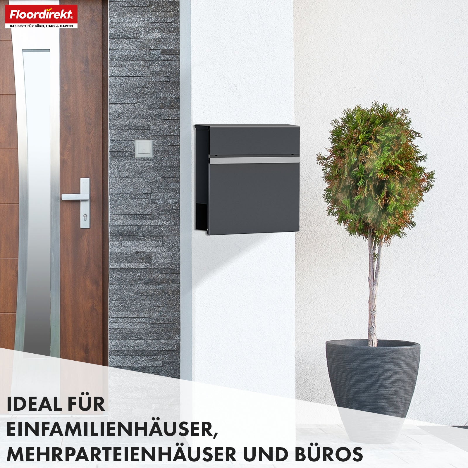 Letterbox | Gaston | Modern wall-mounted letterbox with newspaper compartment & stainless steel nameplate in anthracite