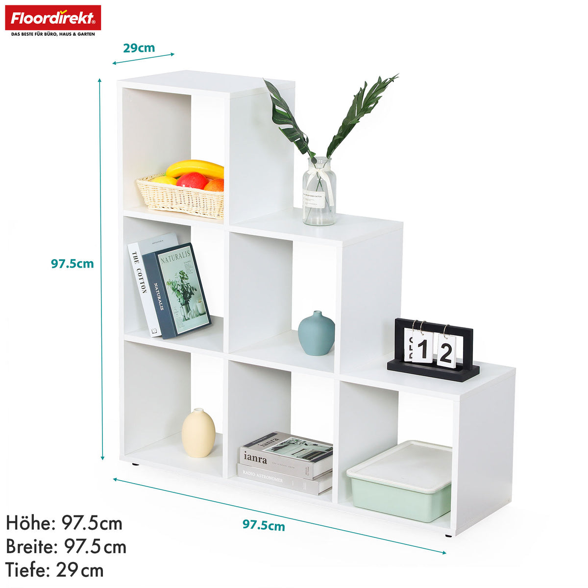 Bookcase | Carolina | White stepped shelf made of MDF with 6 shelves for books, plants & decorations