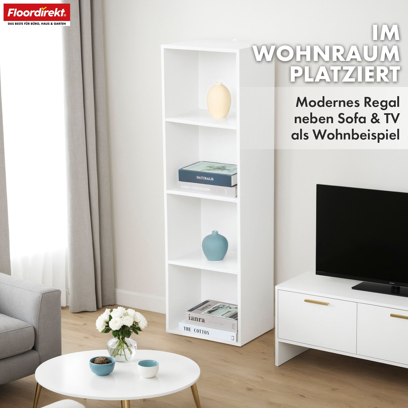 Alaska’ bookcase | White MDF bookcase with 4 or 5 levels | slim, modern & space-saving
