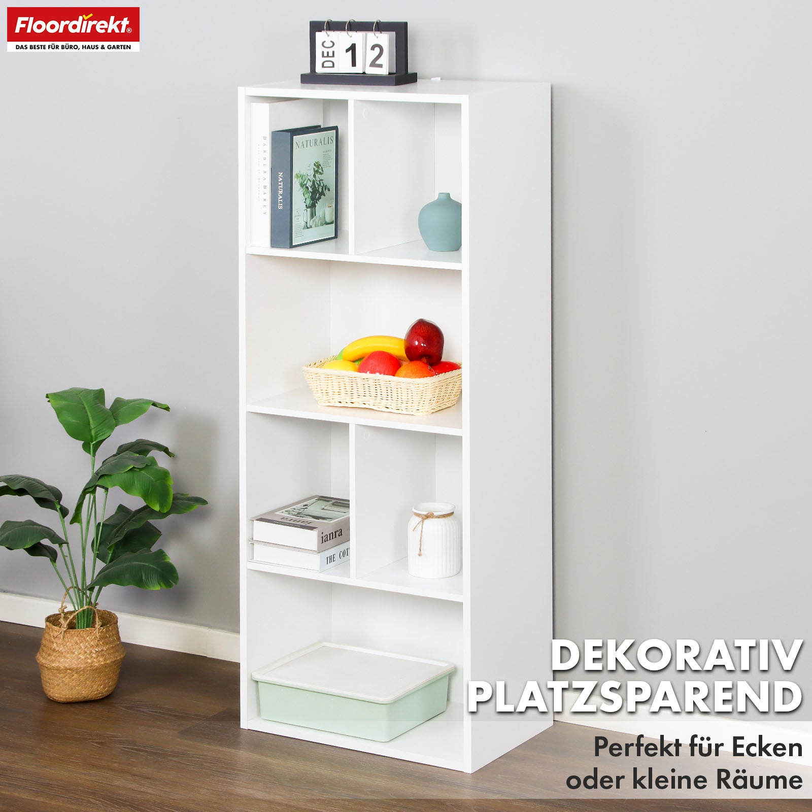 Bookcase | California | Modern, space-saving MDF shelf with anti-tilt protection in white 4-8 open compartments