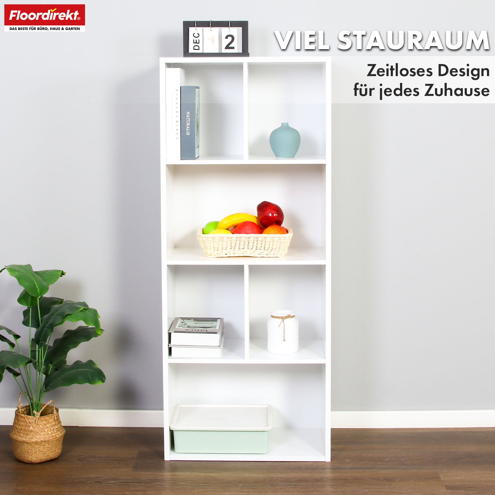Bookcase | California | Modern, space-saving MDF shelf with anti-tilt protection in white 4-8 open compartments