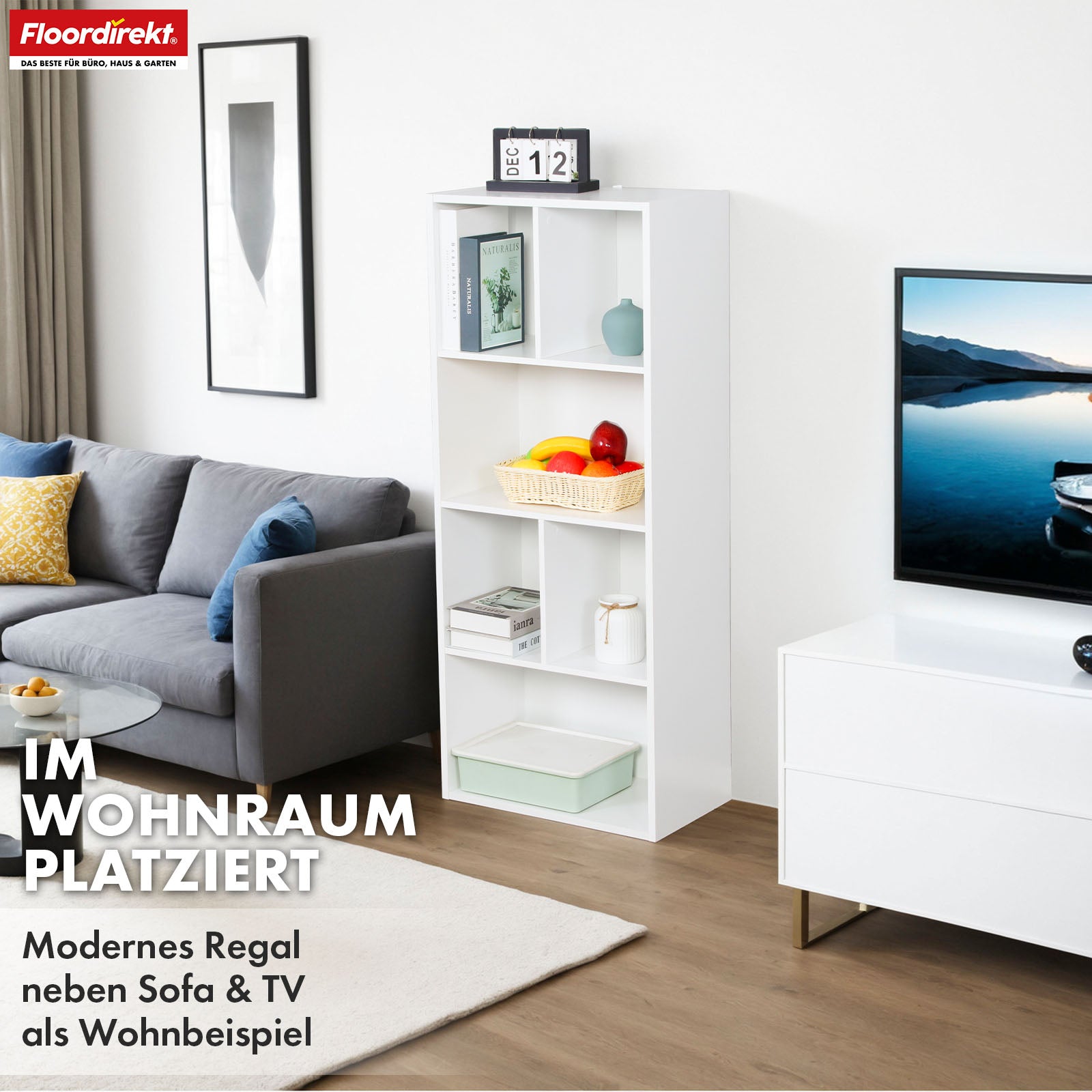 Bookcase | California | Modern, space-saving MDF shelf with anti-tilt protection in white 4-8 open compartments