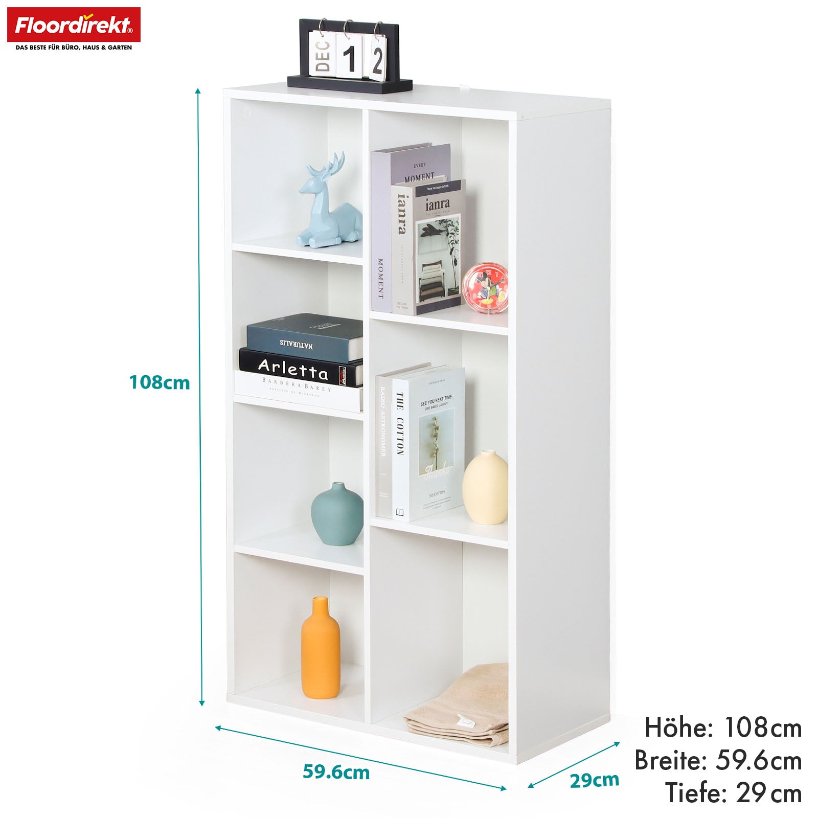 Bookcase | California | Modern, space-saving MDF shelf with anti-tilt protection in white 4-8 open compartments