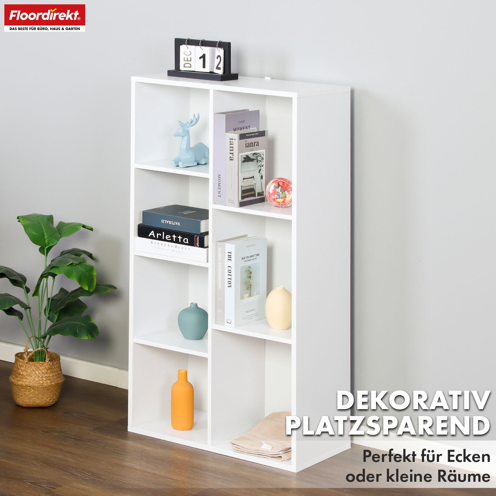 Bookcase | California | Modern, space-saving MDF shelf with anti-tilt protection in white 4-8 open compartments