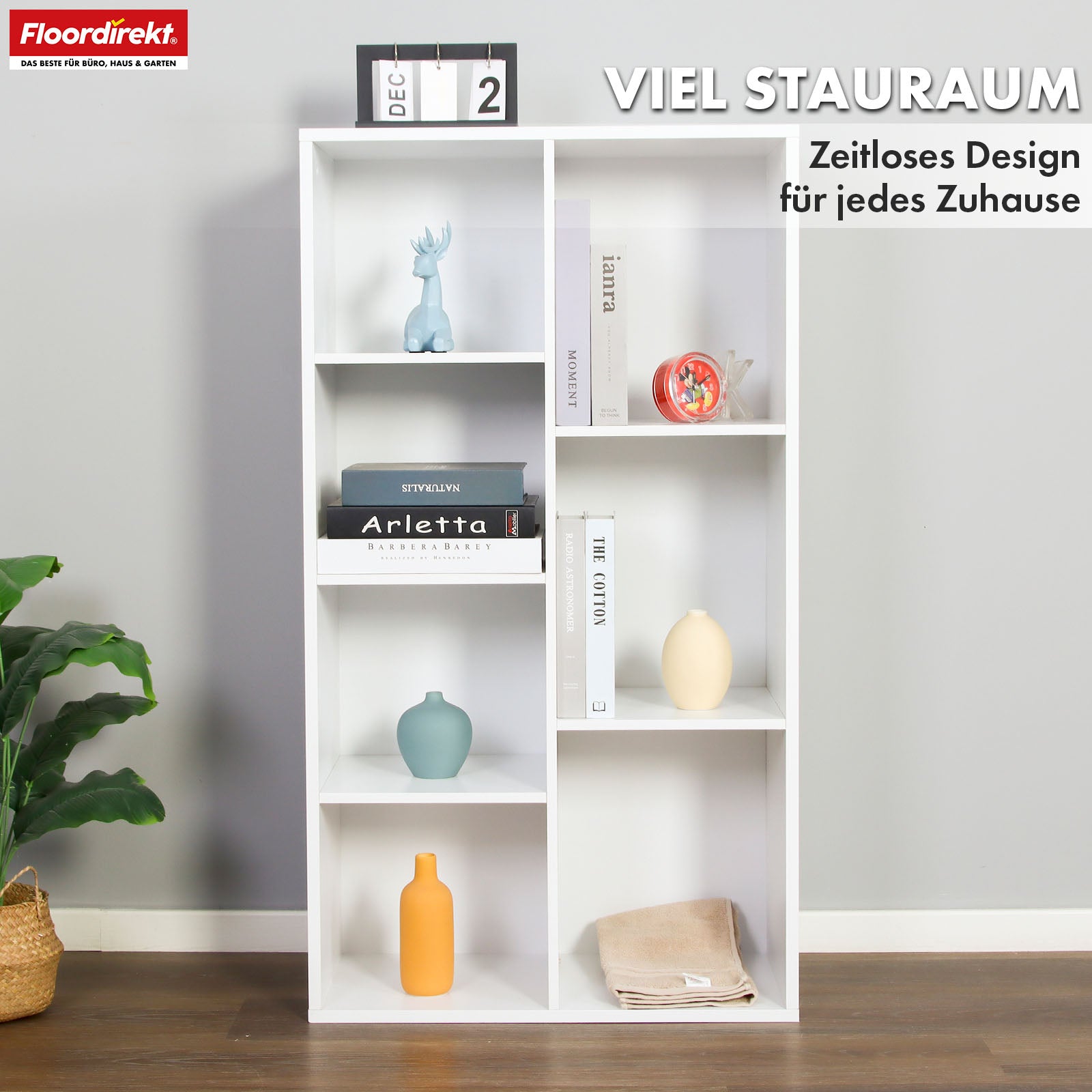 Bookcase | California | Modern, space-saving MDF shelf with anti-tilt protection in white 4-8 open compartments