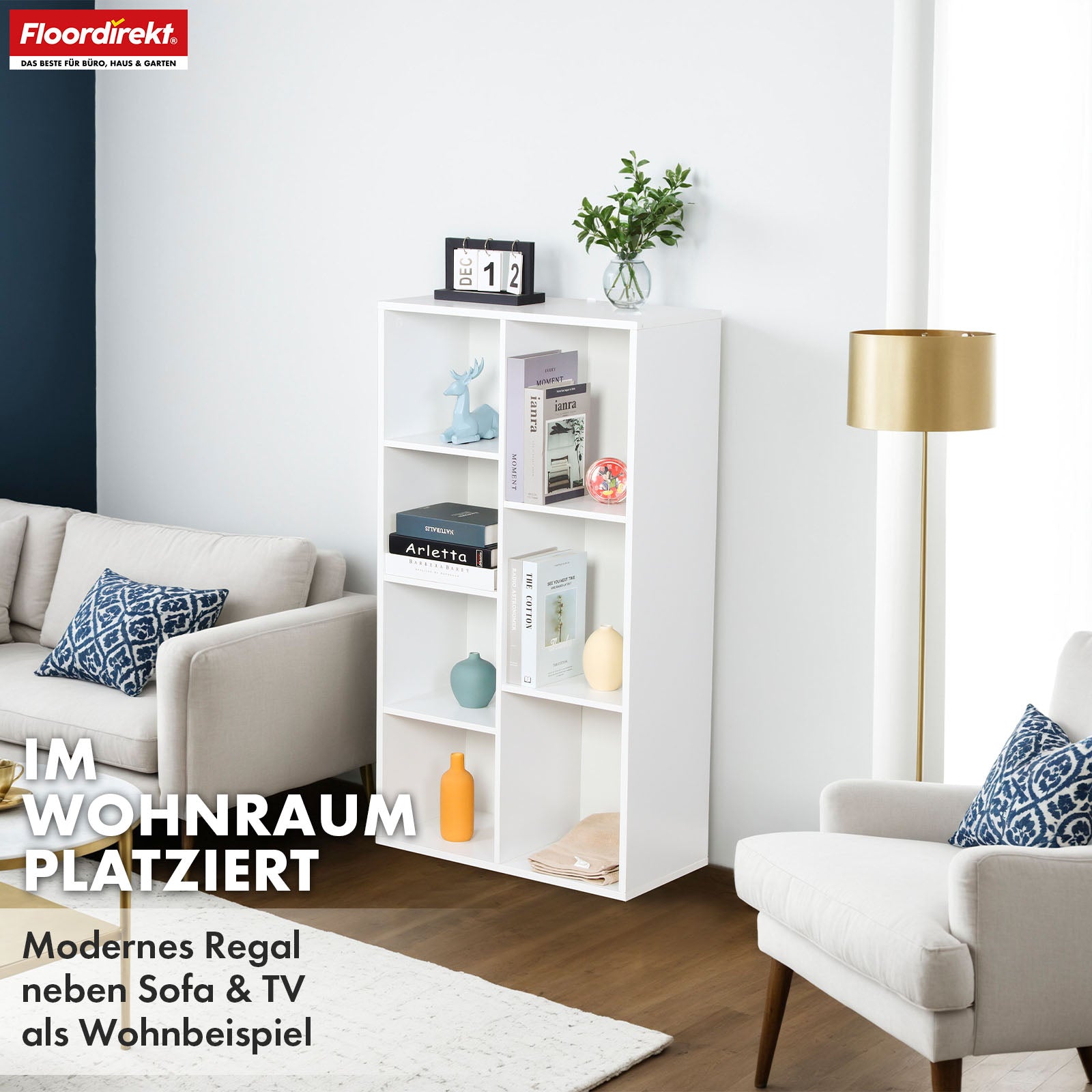 Bookcase | California | Modern, space-saving MDF shelf with anti-tilt protection in white 4-8 open compartments