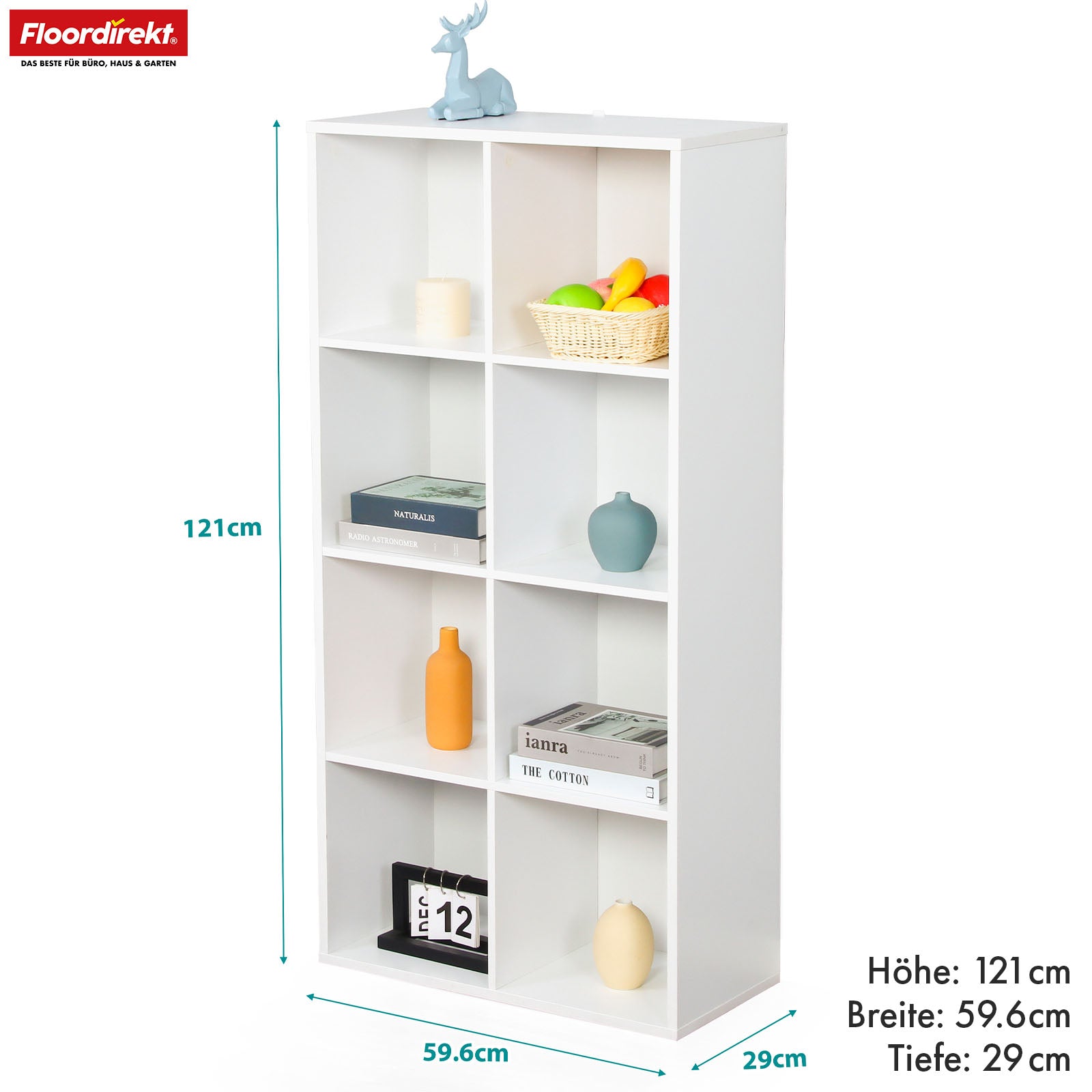 Bookcase | California | Modern, space-saving MDF shelf with anti-tilt protection in white 4-8 open compartments