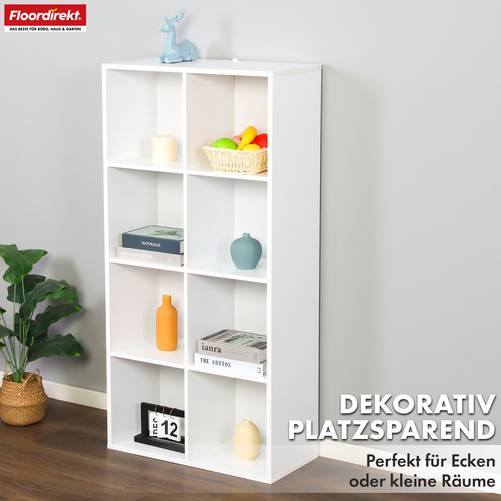 Bookcase | California | Modern, space-saving MDF shelf with anti-tilt protection in white 4-8 open compartments