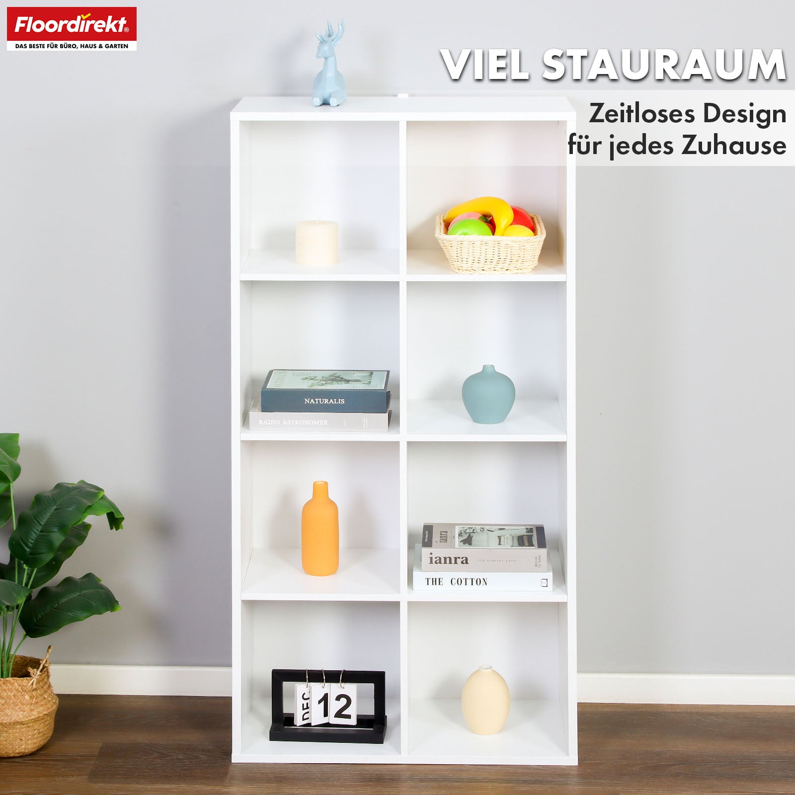 Bookcase | California | Modern, space-saving MDF shelf with anti-tilt protection in white 4-8 open compartments
