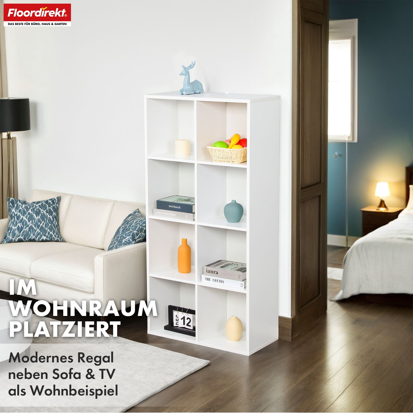 Bookcase | California | Modern, space-saving MDF shelf with anti-tilt protection in white 4-8 open compartments