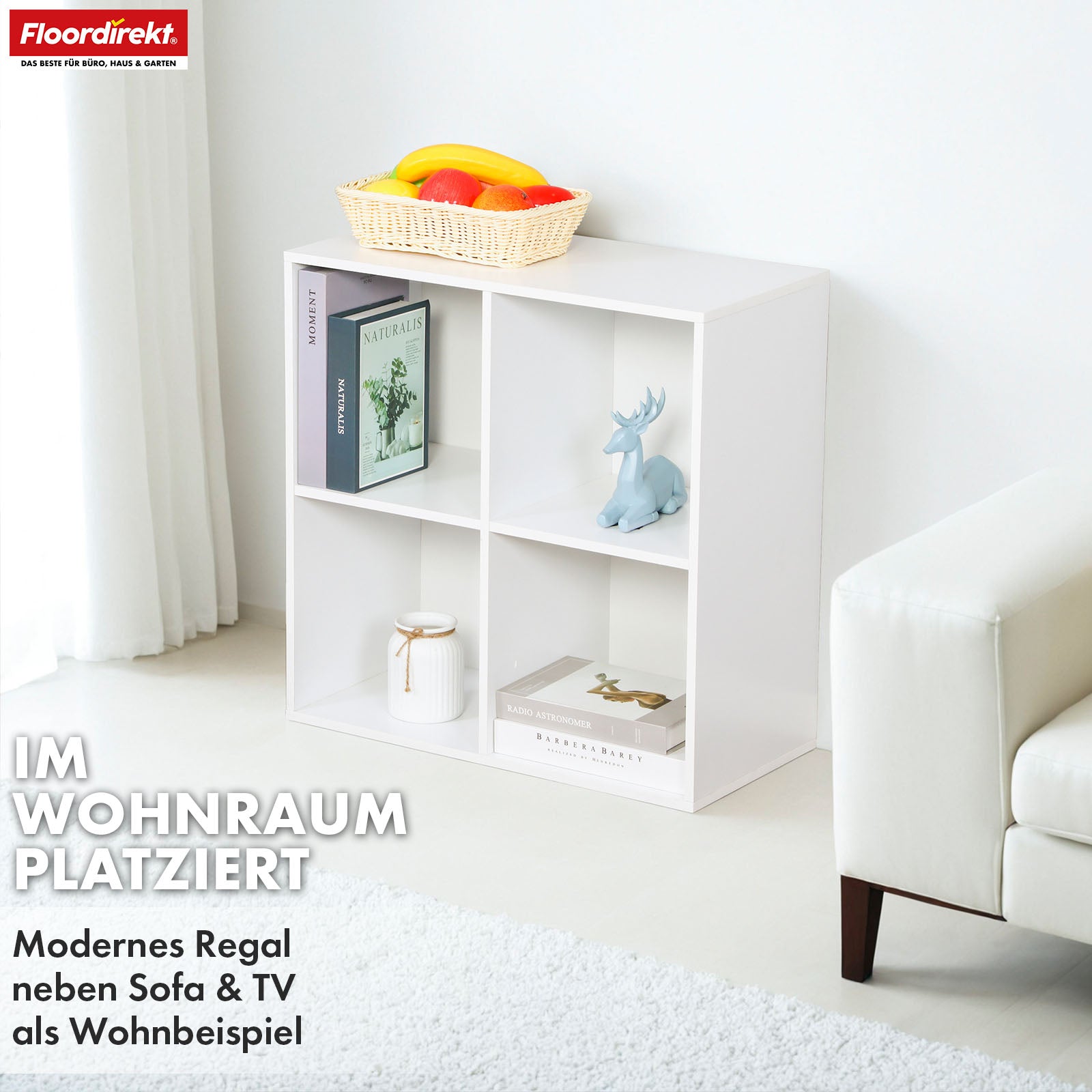 Bookcase | California | Modern, space-saving MDF shelf with anti-tilt protection in white 4-8 open compartments