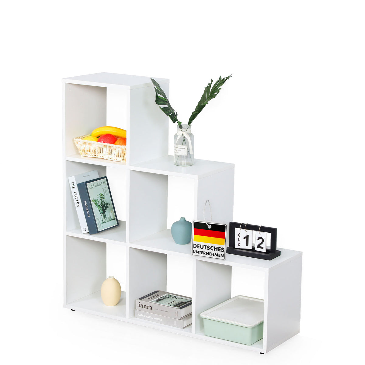 Bookcase | Carolina | White stepped shelf made of MDF with 6 shelves for books, plants & decorations