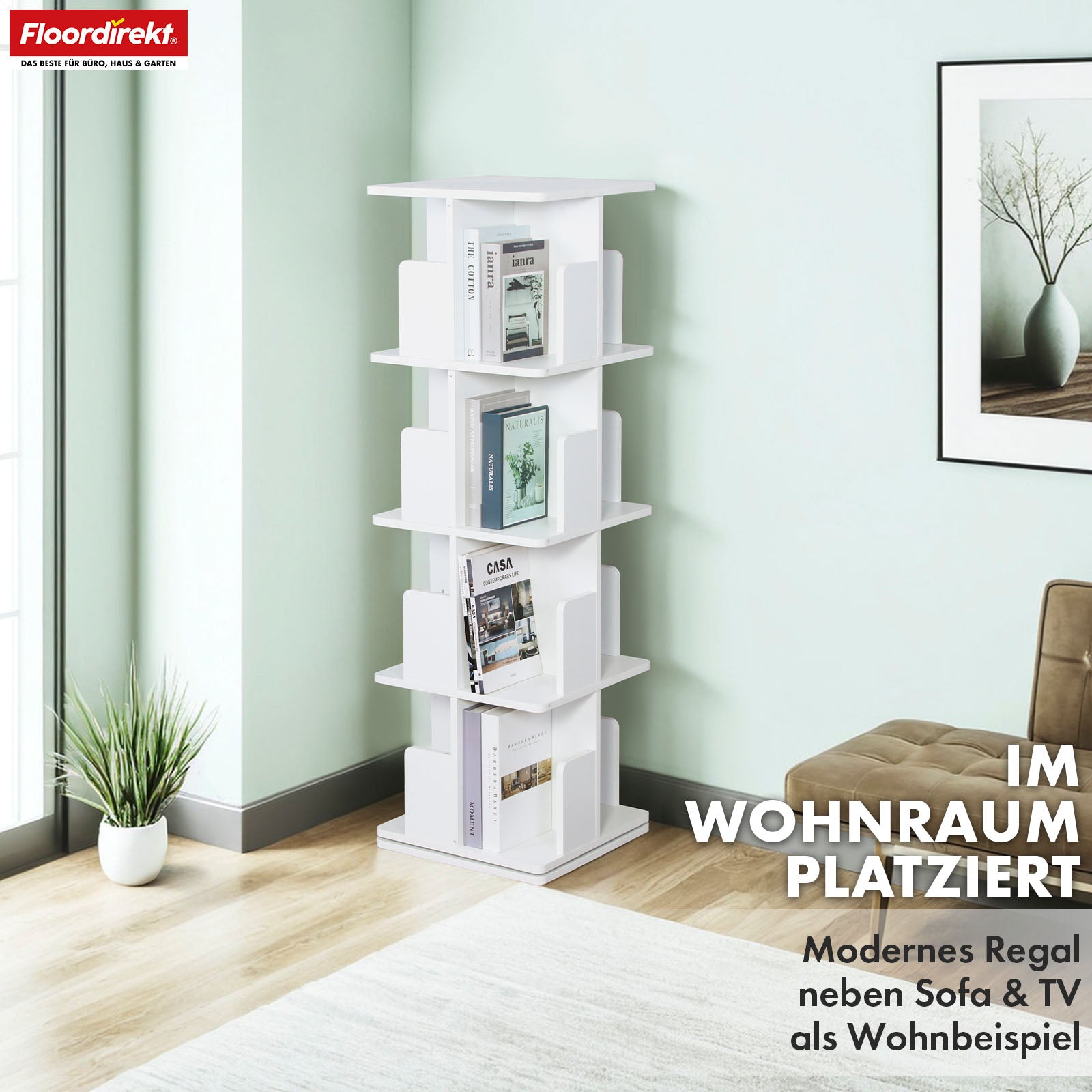 Bookcase | Indiana | Rotating shelf with 3 or 4 shelves | 360° floor-standing shelf for living room, office & bedroom