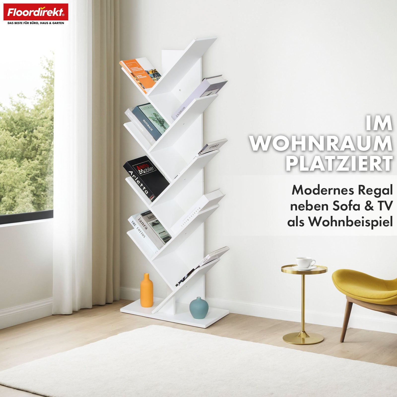Bookcase | Louisiana | Tree-shaped standing shelf in white with 5 or 9 shelves made of wood