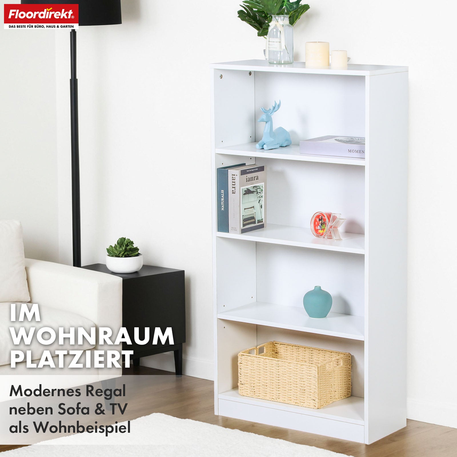 Bookcase | Maine | White wooden bookshelf with 3/4/6 shelves | Open & space-saving for living room, office & more