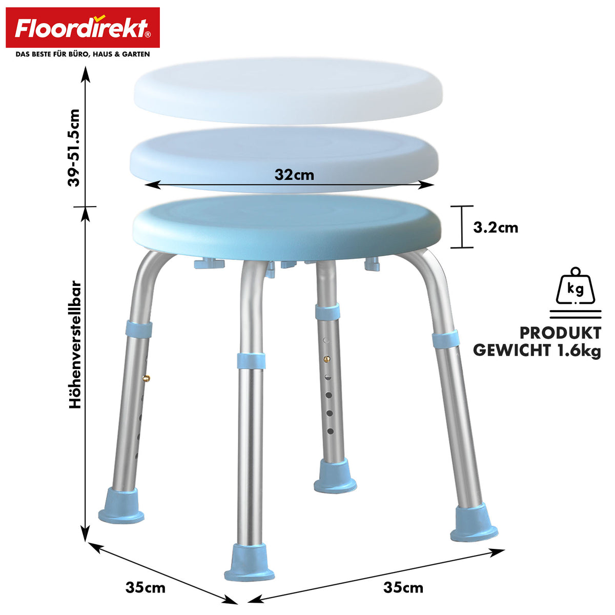 Shower and bath stool | Pedro | Height-adjustable & 360° swivelling | Non-slip & load-bearing up to 150 kg