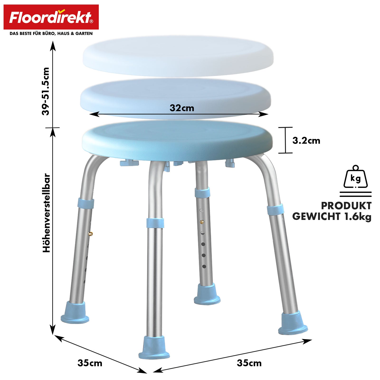 Shower and bath stool | Pedro | Height-adjustable & 360° swivelling | Non-slip & load-bearing up to 150 kg