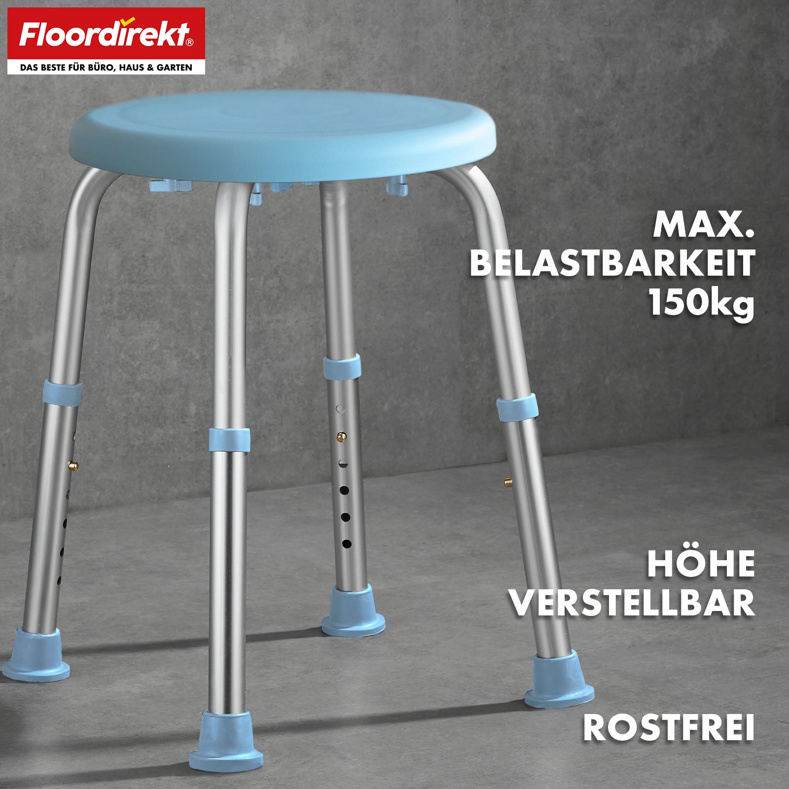 Shower and bath stool | Pedro | Height-adjustable & 360° swivelling | Non-slip & load-bearing up to 150 kg