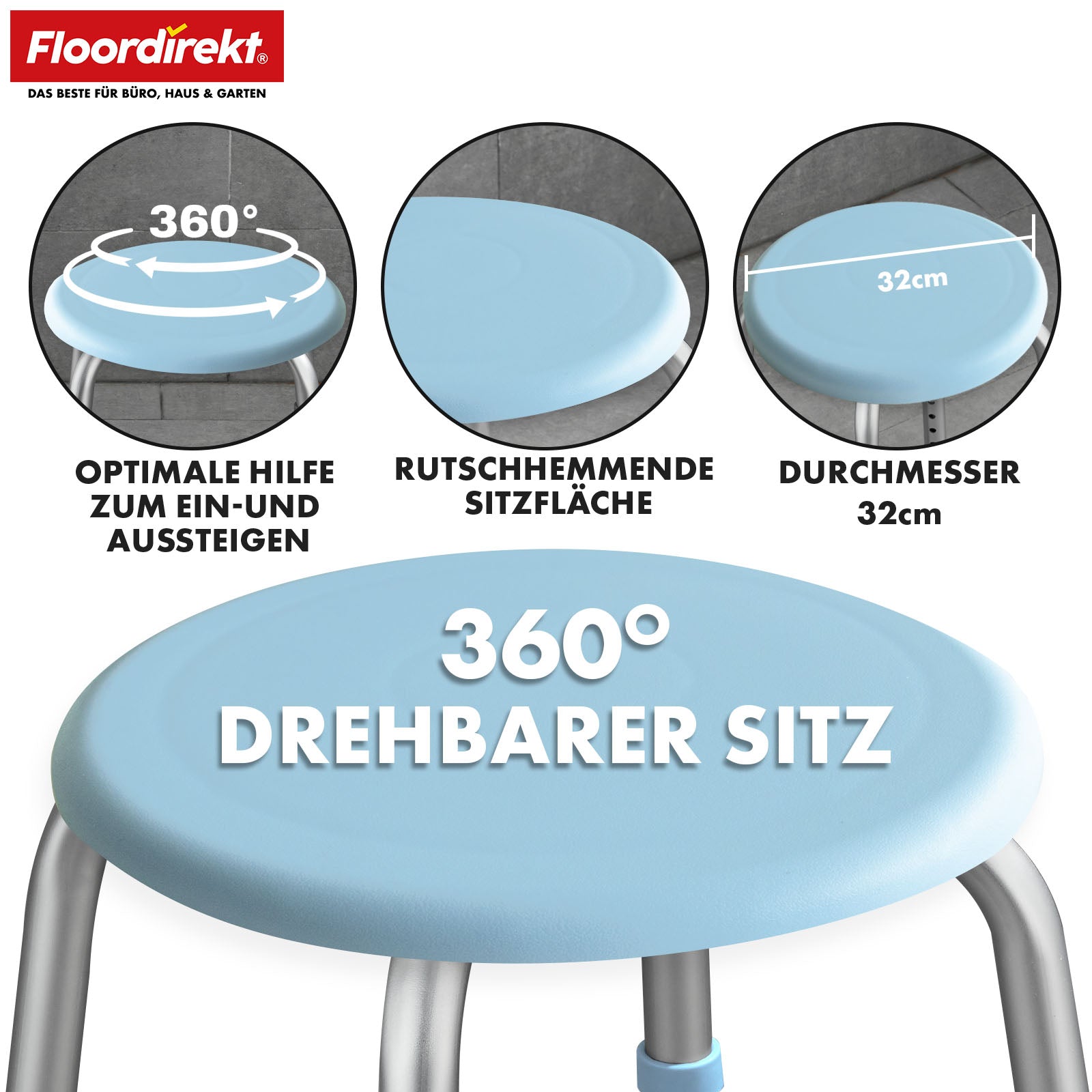 Shower and bath stool | Pedro | Height-adjustable & 360° swivelling | Non-slip & load-bearing up to 150 kg
