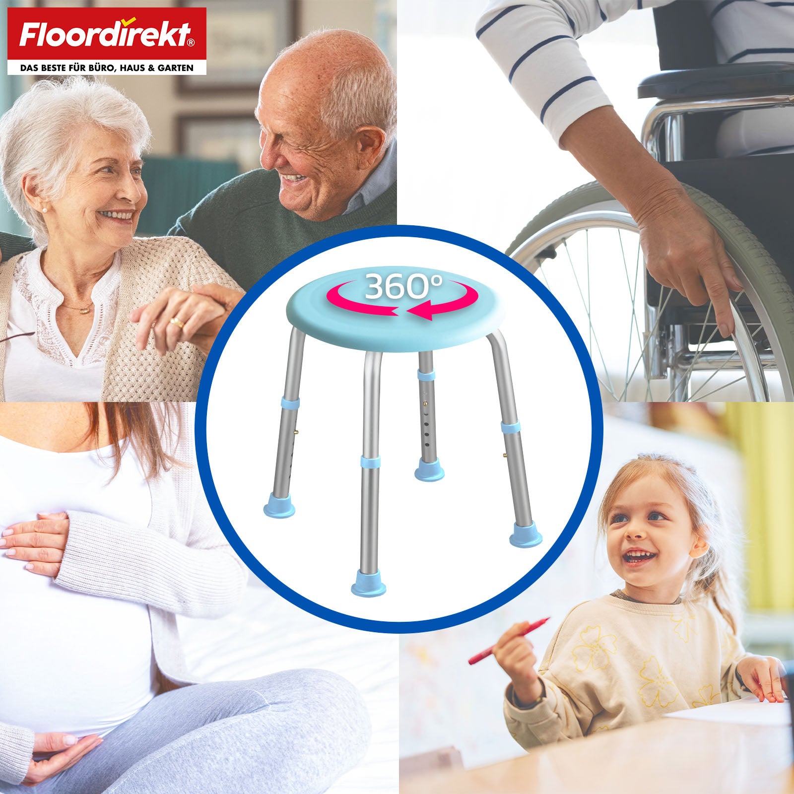 Shower and bath stool | Pedro | Height-adjustable & 360° swivelling | Non-slip & load-bearing up to 150 kg