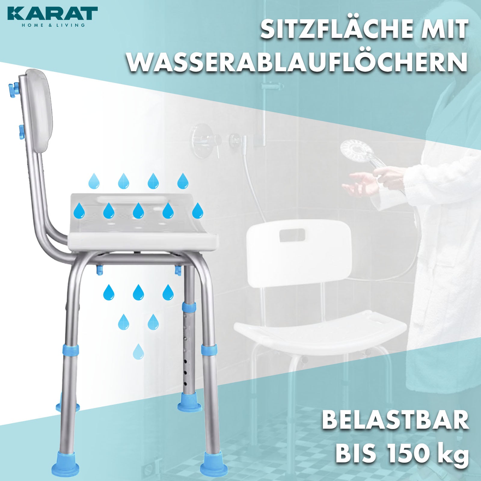 Shower stool | Jonah | Height-adjustable with backrest | Ergonomic bath chair for bath & shower, non-slip & stable, load-bearing up to 137 kg