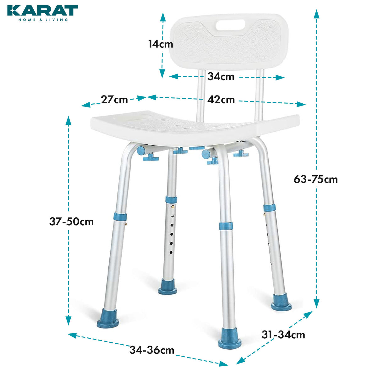 Shower Stool | Jonah | Height-Adjustable Bathroom Stool with Backrest up to 150 kg