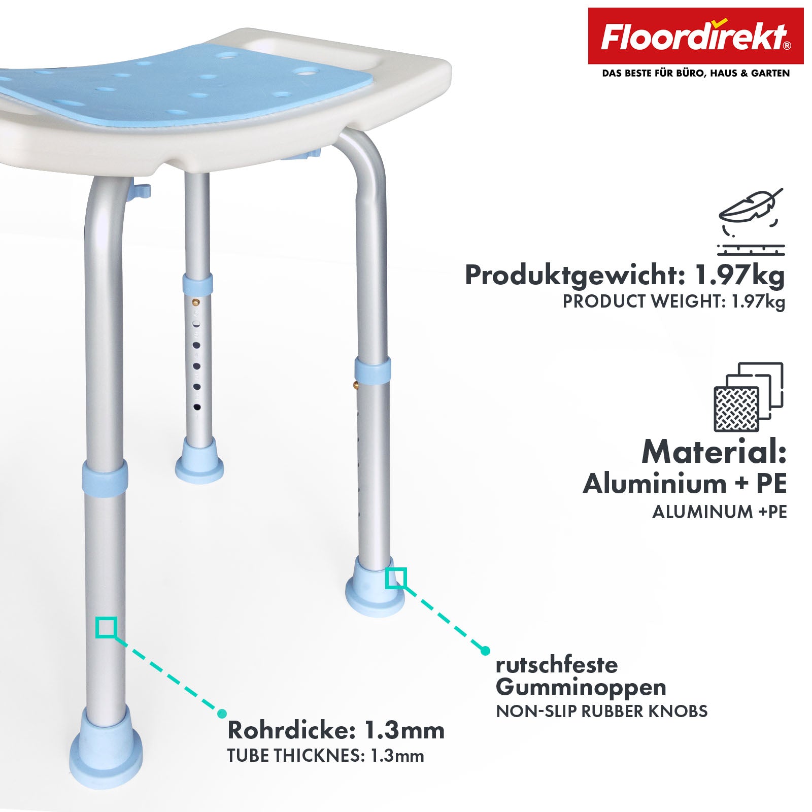 Shower and bath stool | Nora | Height-adjustable, non-slip and durable seat for the bath and shower